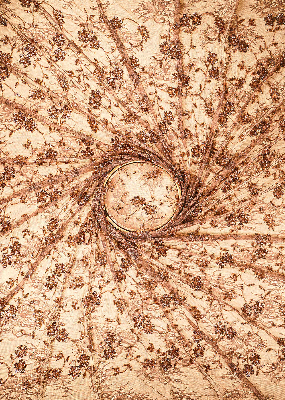 Coffee Brown Sandline Lace Fabric with All Over Floral Pattern & Sequins, Katdana Work 22759