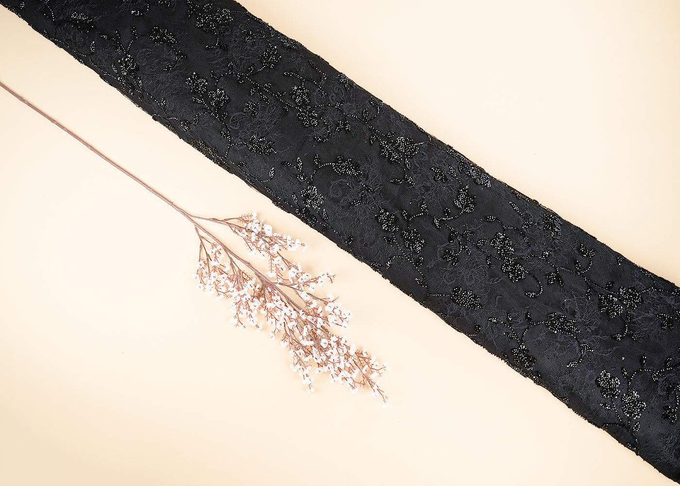 Black Sandline Lace Fabric with All Over Floral Pattern & Sequins, Katdana Work 22760