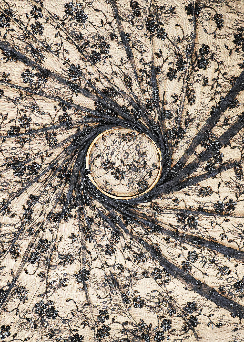 Black Sandline Lace Fabric with All Over Floral Pattern & Sequins, Katdana Work 22760