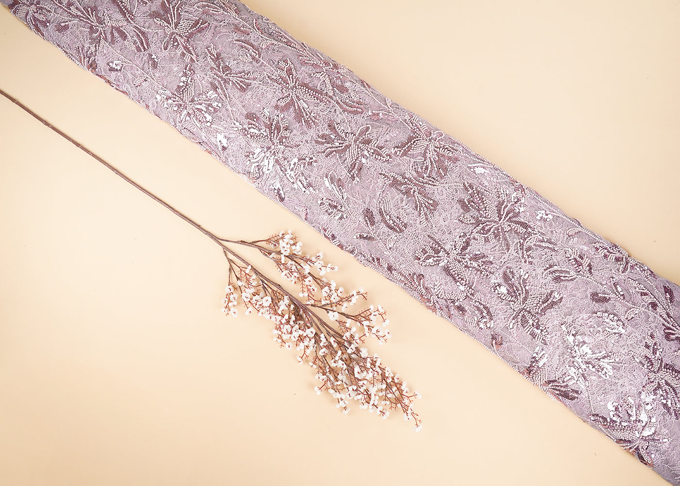 Baby Pink Sandline Lace Fabric with All Over Floral Pattern & Sequins, Katdana Work 22761