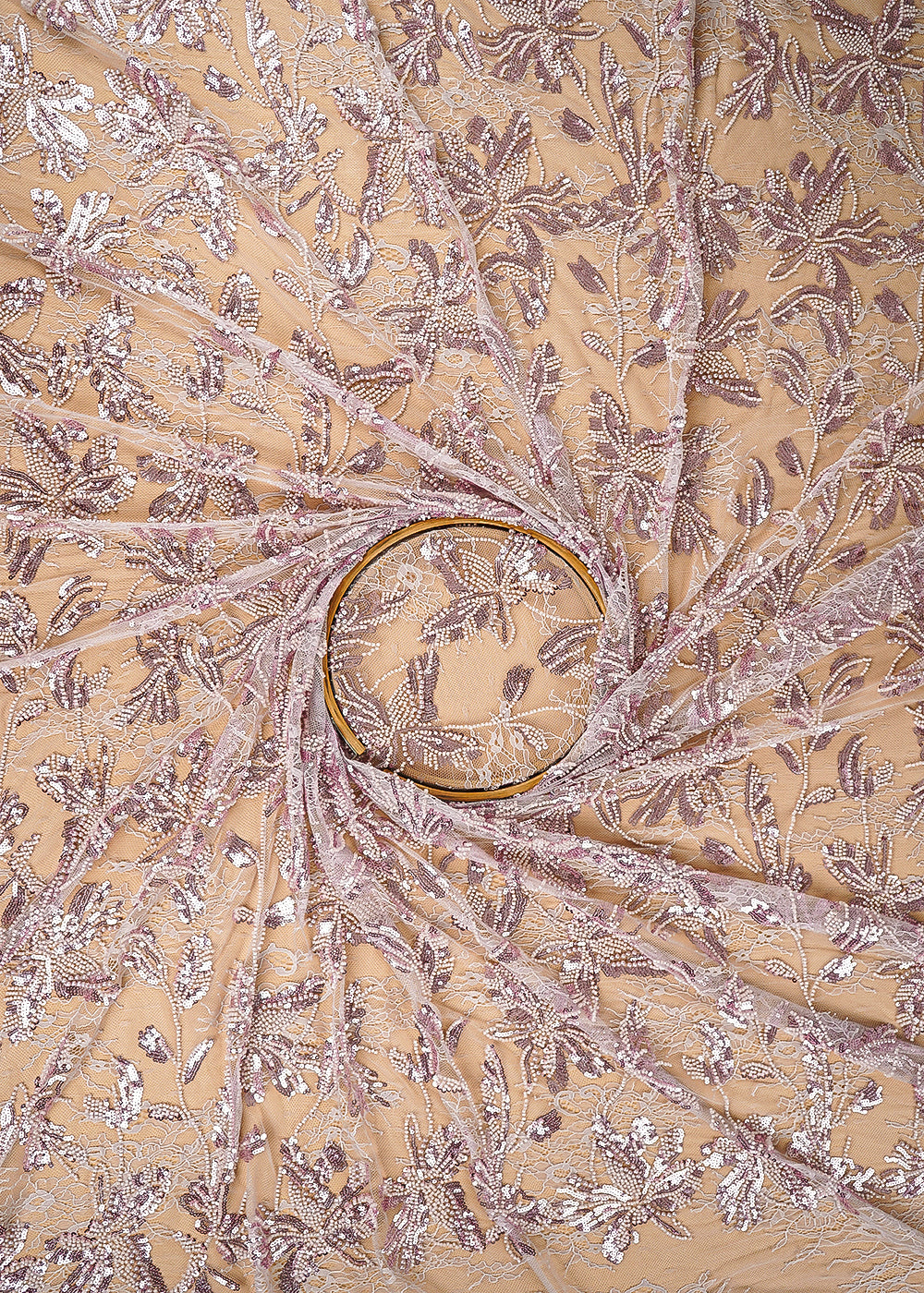 Baby Pink Sandline Lace Fabric with All Over Floral Pattern & Sequins, Katdana Work 22761