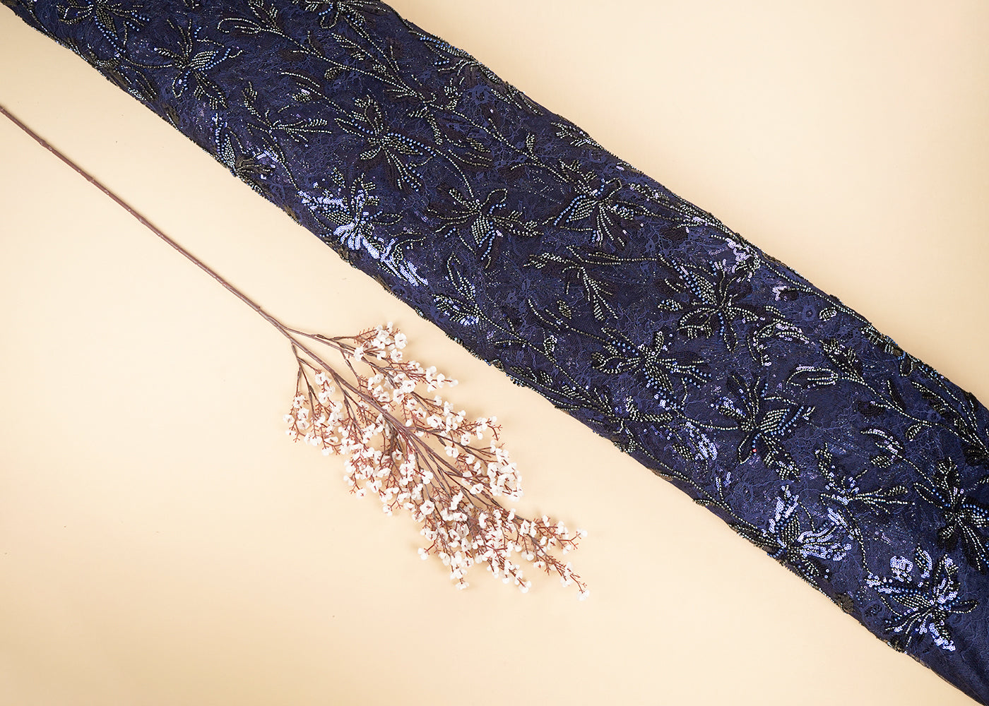 Navy Blue Sandline Lace Fabric with All Over Floral Pattern & Sequins, Katdana Work 22762