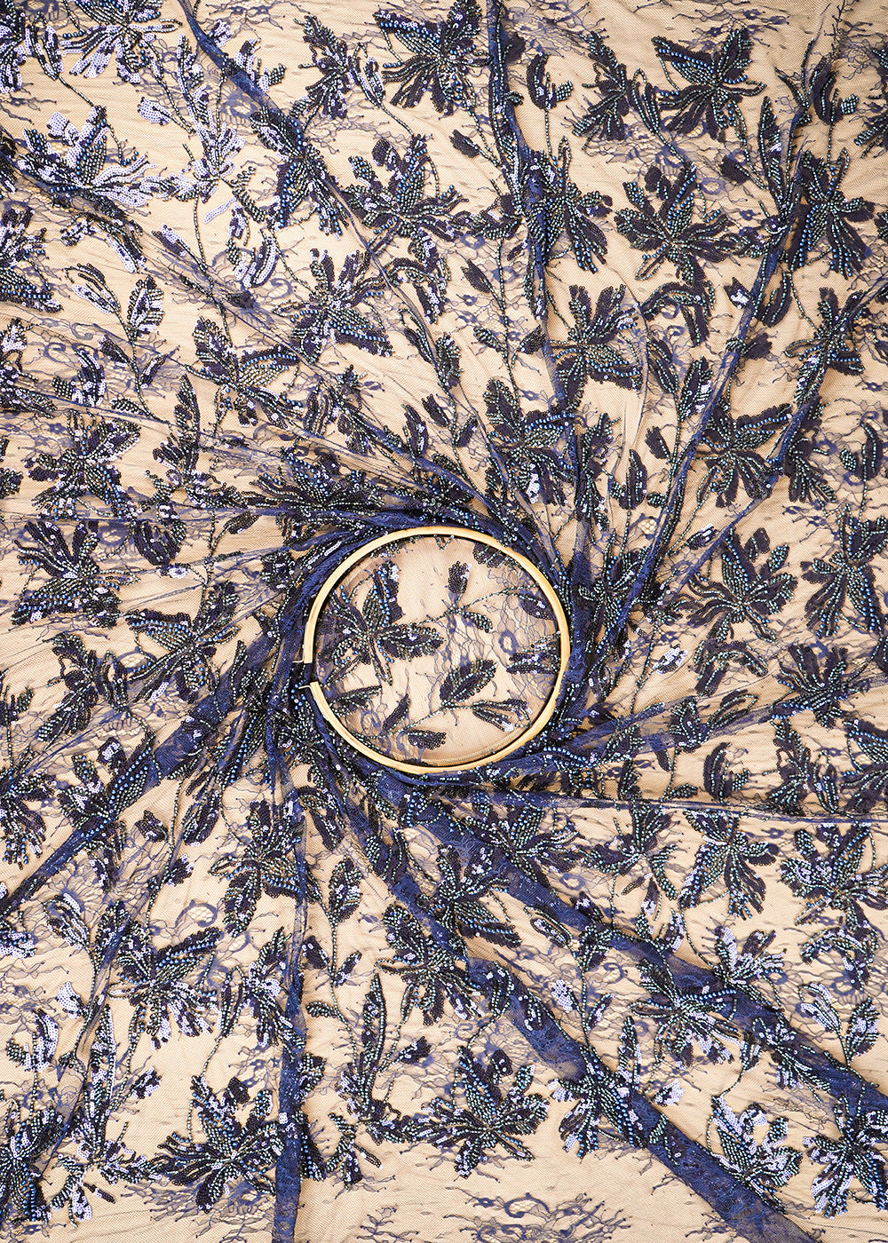 Navy Blue Sandline Lace Fabric with All Over Floral Pattern & Sequins, Katdana Work 22762