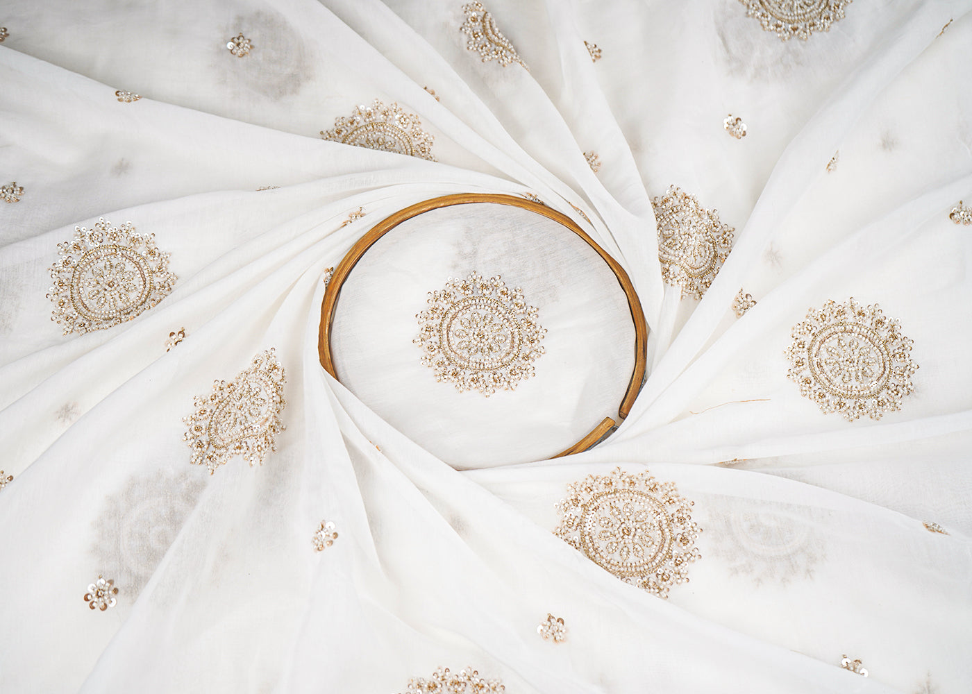 White Dyeable Modal Cotton Fabric With All Over Zari, Sequins And Katdana Work 22765