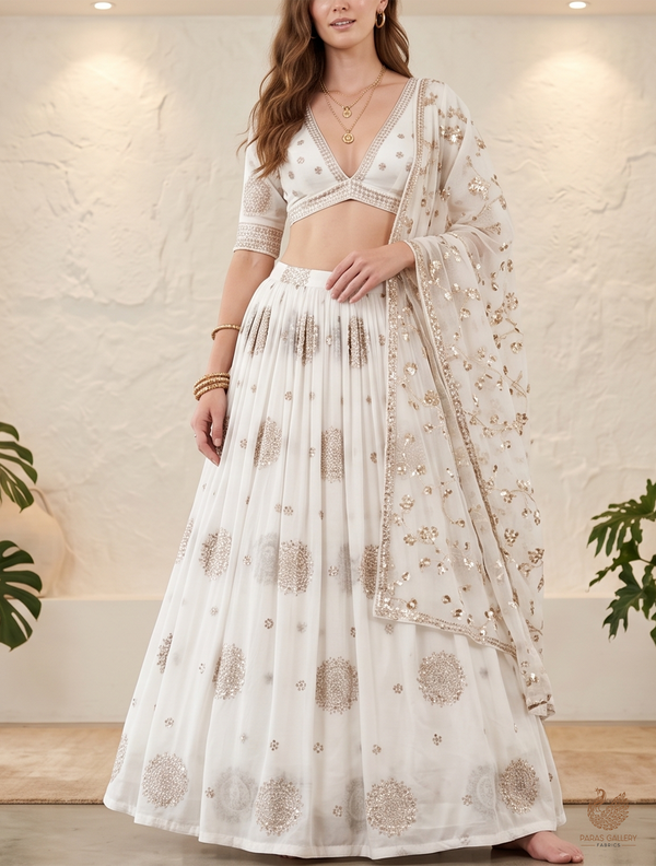 White Dyeable Modal Cotton Fabric With All Over Zari, Sequins And Katdana Work 22765
