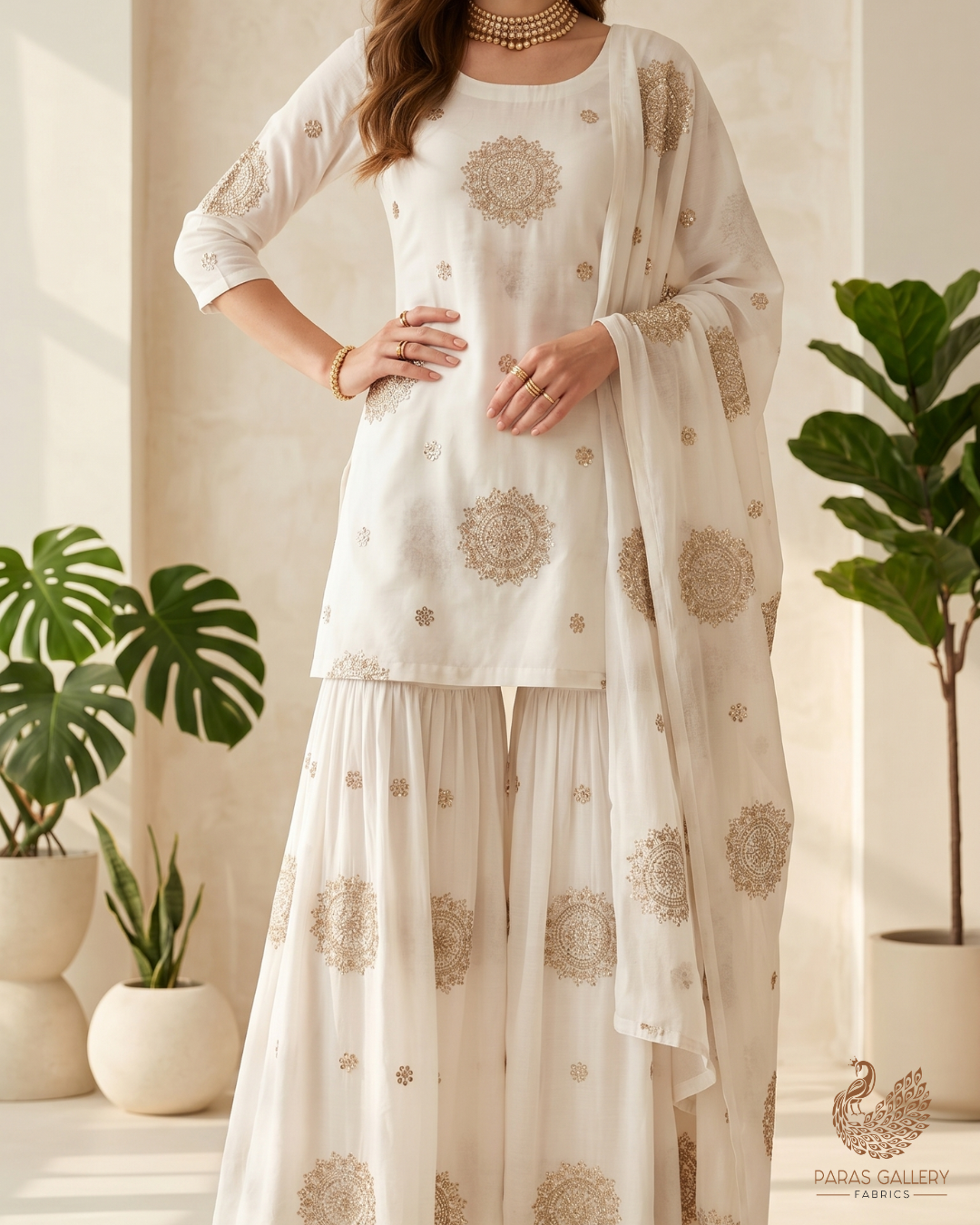 White Dyeable Modal Cotton Fabric With All Over Zari, Sequins And Katdana Work 22765