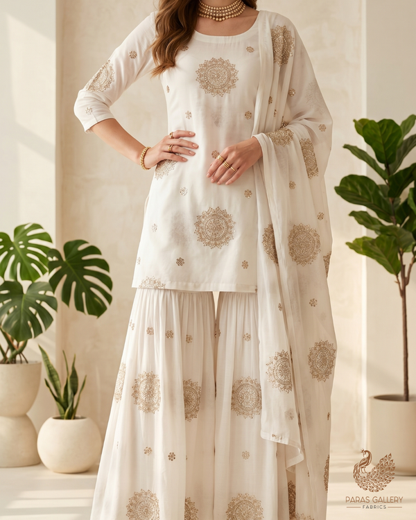 White Dyeable Modal Cotton Fabric With All Over Zari, Sequins And Katdana Work 22765
