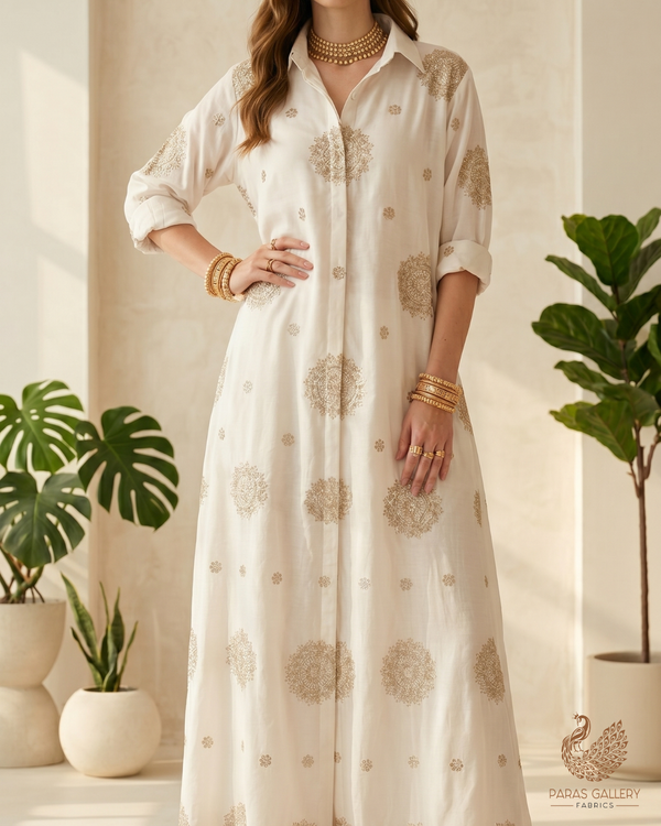 White Dyeable Modal Cotton Fabric With All Over Zari, Sequins And Katdana Work 22765