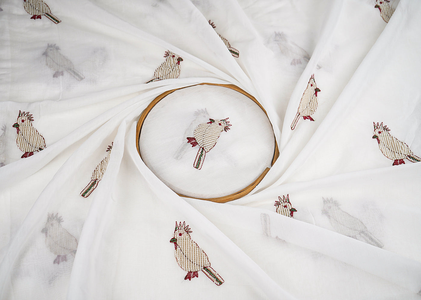 White Dyeable Modal Cotton Fabric With All Over Bird Motif Of Thread And Katdana Work 22766