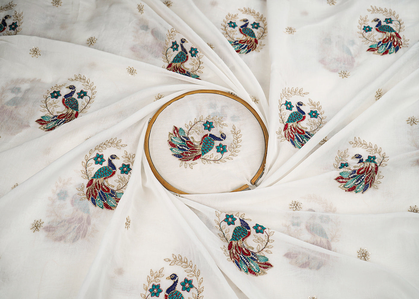 White Dyeable Muslin Cotton Fabric With All Over Peacock Motif Of Zari, Sequins And Katdana Work 22767