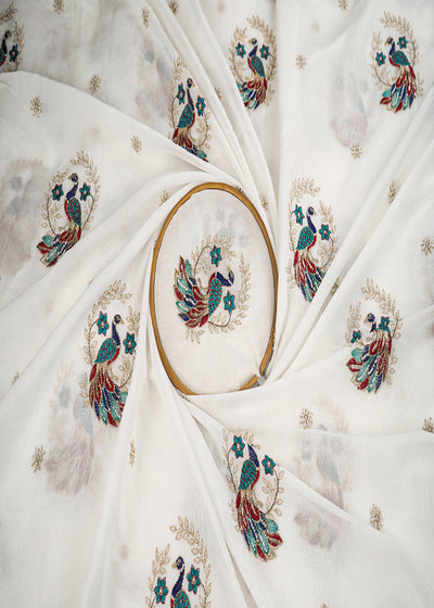 White Dyeable Muslin Cotton Fabric With All Over Peacock Motif Of Zari, Sequins And Katdana Work 22767