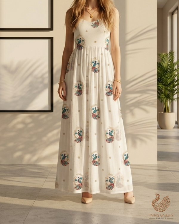 White Dyeable Muslin Cotton Fabric With All Over Peacock Motif Of Zari, Sequins And Katdana Work 22767