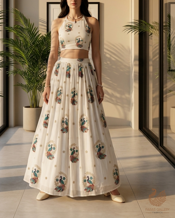 White Dyeable Muslin Cotton Fabric With All Over Peacock Motif Of Zari, Sequins And Katdana Work 22767