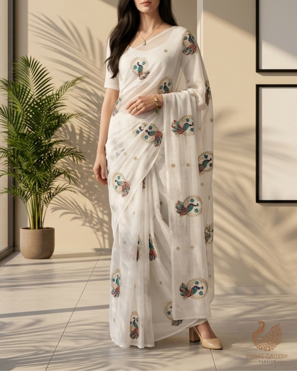 White Dyeable Muslin Cotton Fabric With All Over Peacock Motif Of Zari, Sequins And Katdana Work 22767