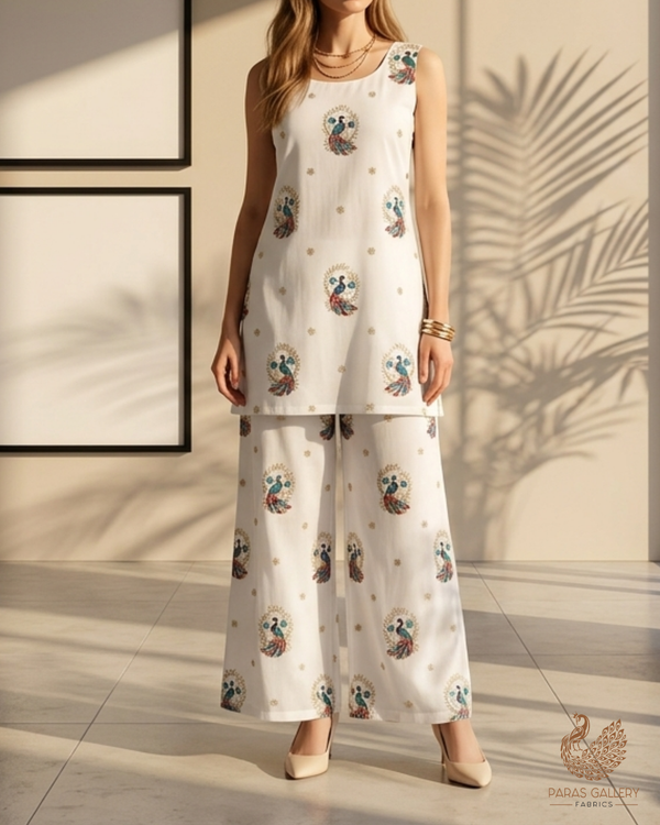 White Dyeable Muslin Cotton Fabric With All Over Peacock Motif Of Zari, Sequins And Katdana Work 22767