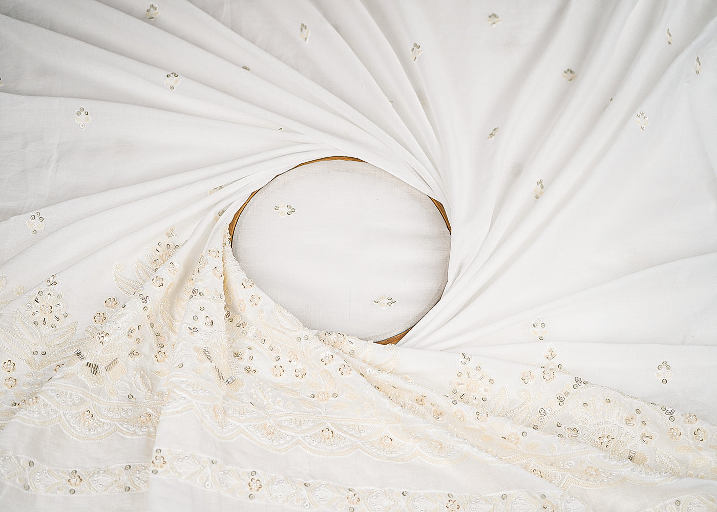 White Dyeable Cotton Fabric With All Over Buti Of Thread, Sequins And Katdana Work With Scalloped Border 22771