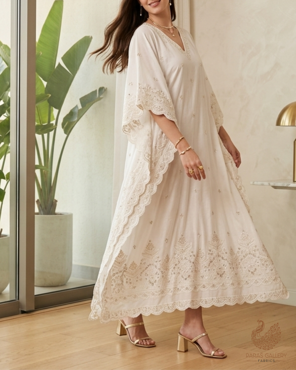 White Dyeable Cotton Fabric With All Over Buti Of Thread, Sequins And Katdana Work With Scalloped Border 22771