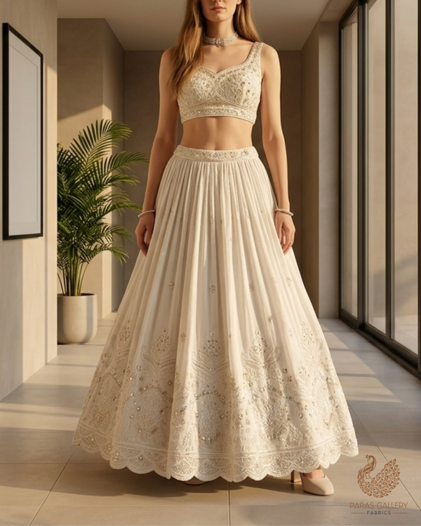 White Dyeable Cotton Fabric With All Over Buti Of Thread, Sequins And Katdana Work With Scalloped Border 22771