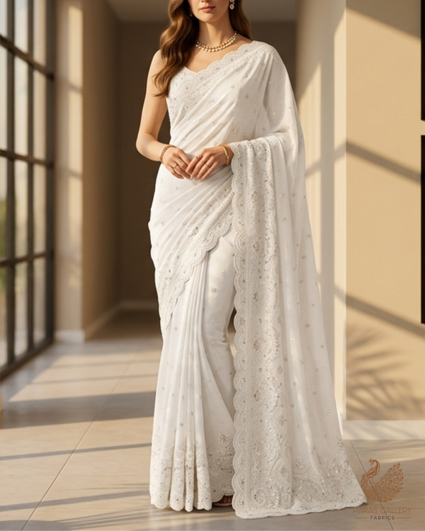White Dyeable Cotton Fabric With All Over Buti Of Thread, Sequins And Katdana Work With Scalloped Border 22771