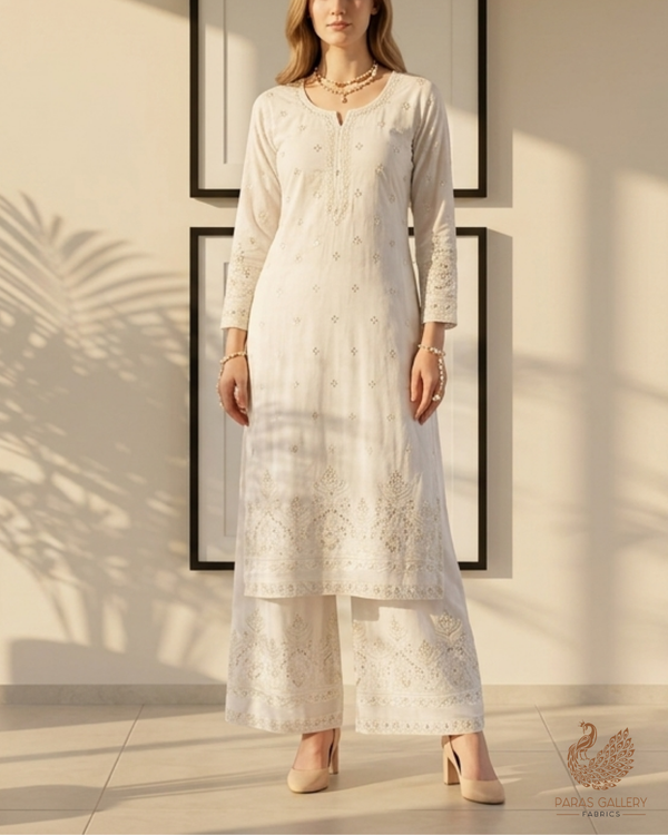 White Dyeable Cotton Fabric With All Over Buti Of Thread, Sequins And Katdana Work With Scalloped Border 22771