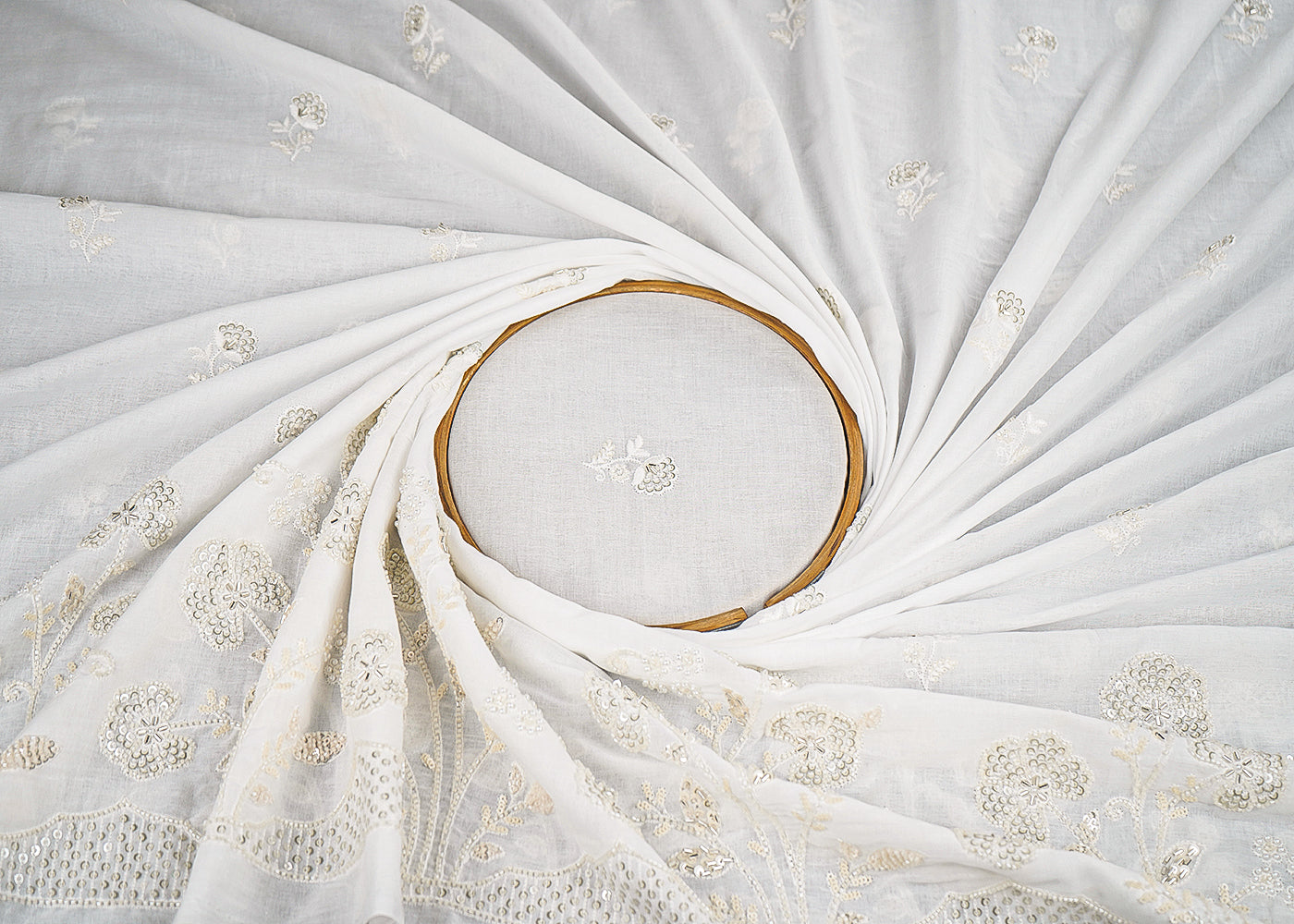 White Dyeable Cotton Fabric With All Over Buti Of Bead, Sequins And Katdana Work With One Side Border 22772