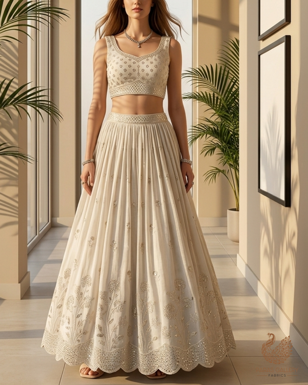White Dyeable Cotton Fabric With All Over Buti Of Bead, Sequins And Katdana Work With One Side Border 22772