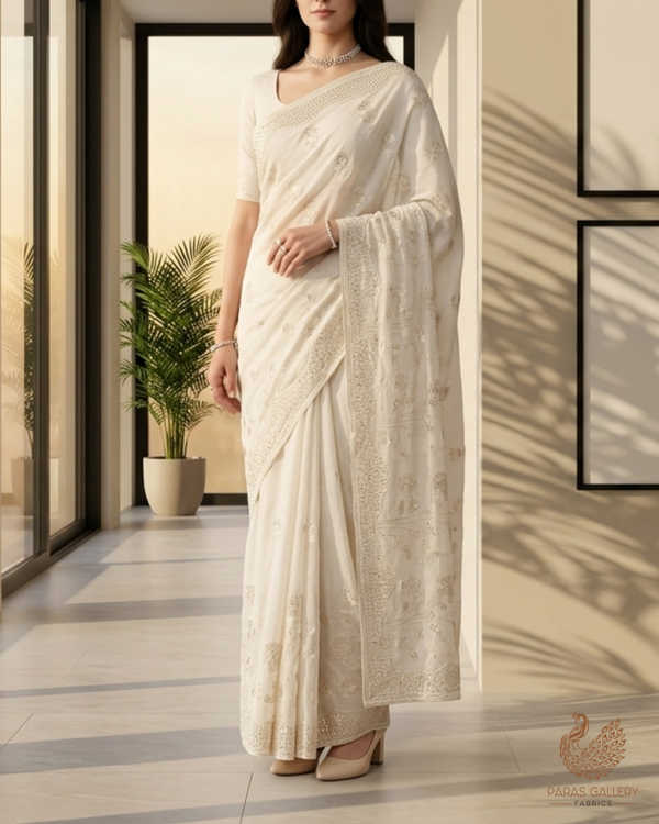 White Dyeable Cotton Fabric With All Over Buti Of Bead, Sequins And Katdana Work With One Side Border 22772