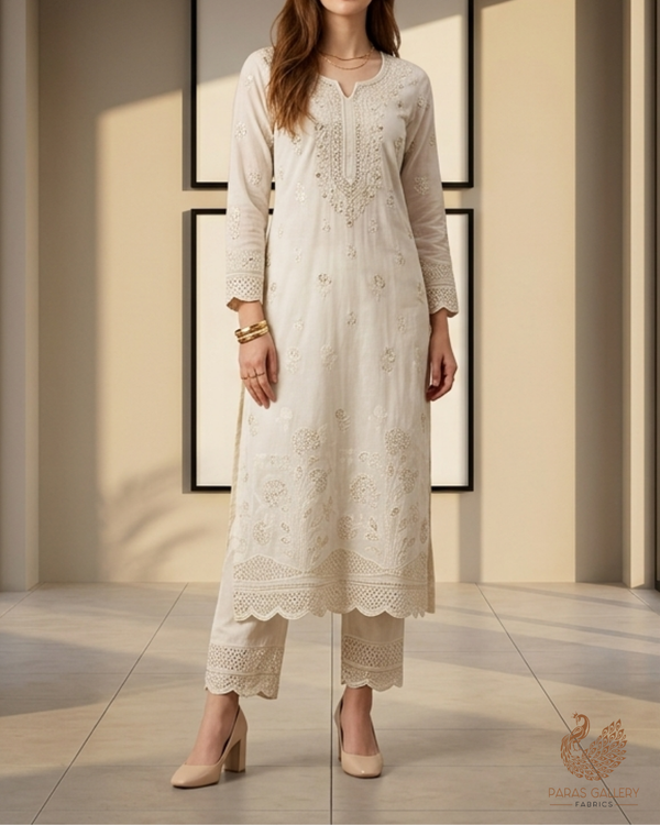 White Dyeable Cotton Fabric With All Over Buti Of Bead, Sequins And Katdana Work With One Side Border 22772