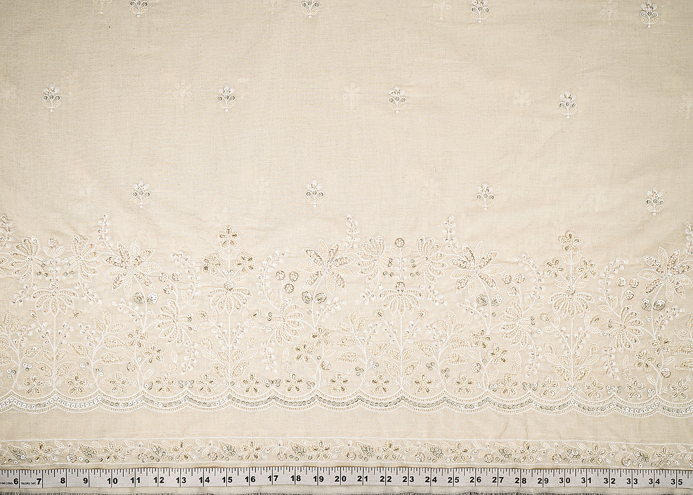 Off-White-Dyeable-Kora-Cotton-Fabric-With-All-Over-Buti-Of-Thread-Zari-Sequins-And-Katdana-Work-With-One-Side-Scalloped-Border-22773-measurement-view