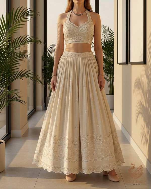 Off White Dyeable Kora Cotton Fabric With All Over Buti Of Thread, Zari, Sequins And Katdana Work With One Side Scalloped Border 22773