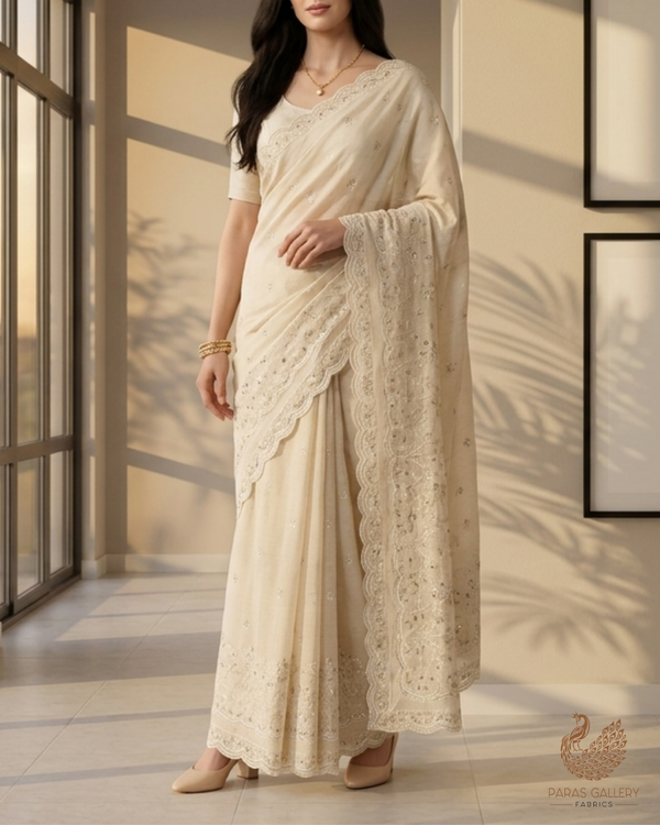 Off White Dyeable Kora Cotton Fabric With All Over Buti Of Thread, Zari, Sequins And Katdana Work With One Side Scalloped Border 22773