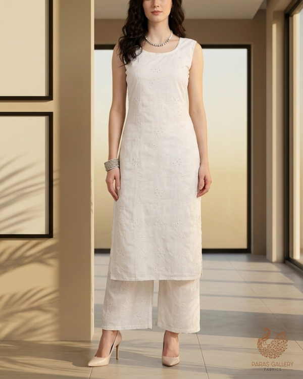 White Dyeable Muslin Fabric With All Over Thread And Sequins Work 22774