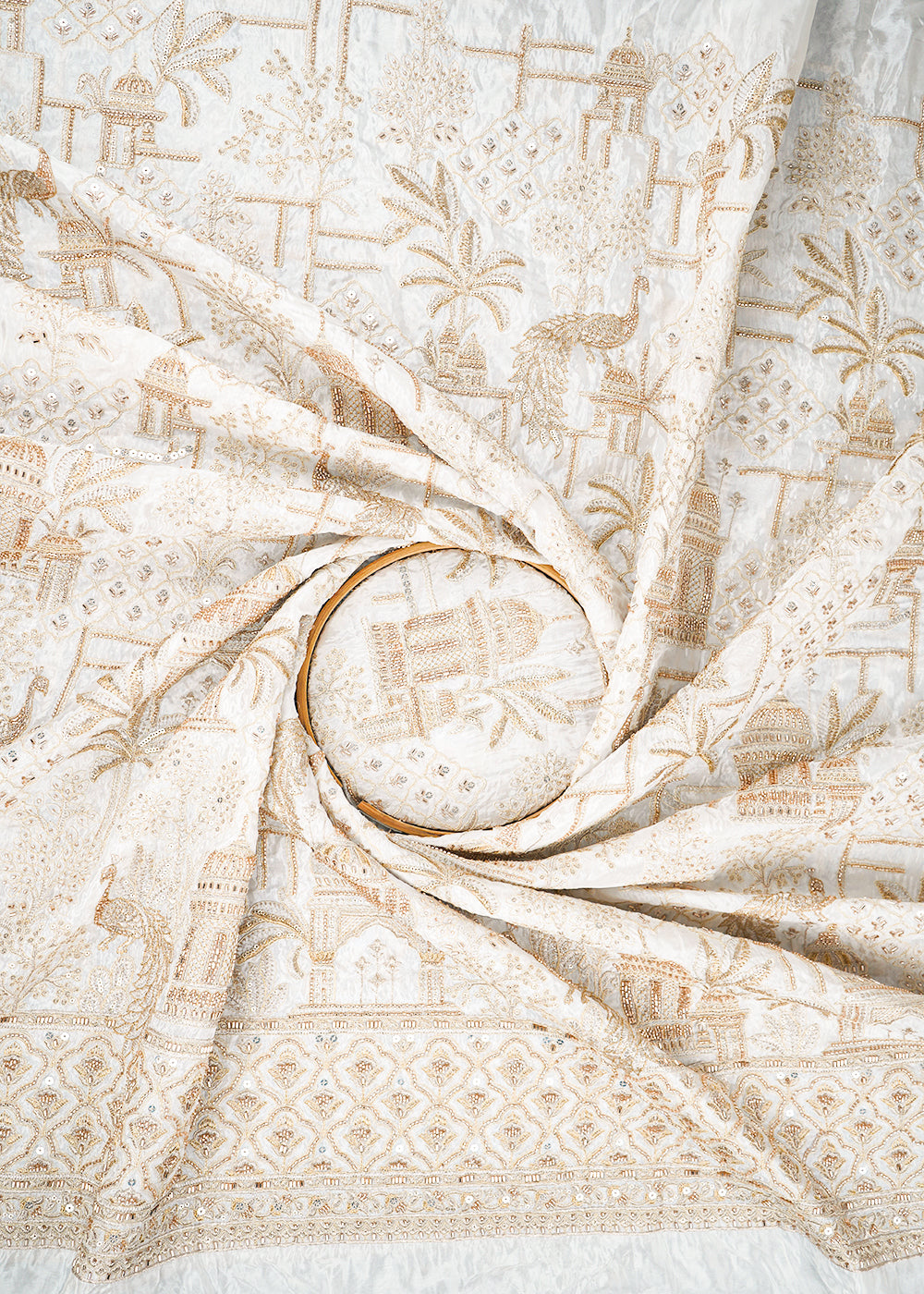 White Dyeable Silk Fabric With All Over Zari, Sequins, Katdana And Bead Work With One Side Heavy Border 22775