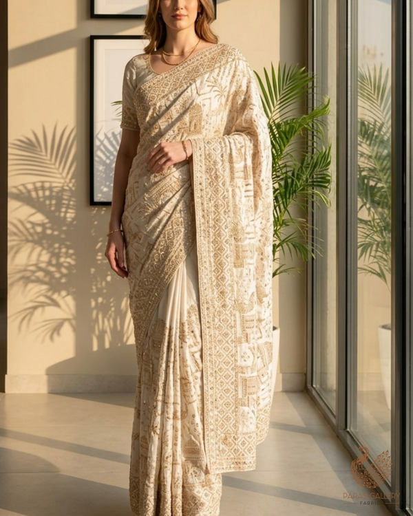 White Dyeable Silk Fabric With All Over Zari, Sequins, Katdana And Bead Work With One Side Heavy Border 22775