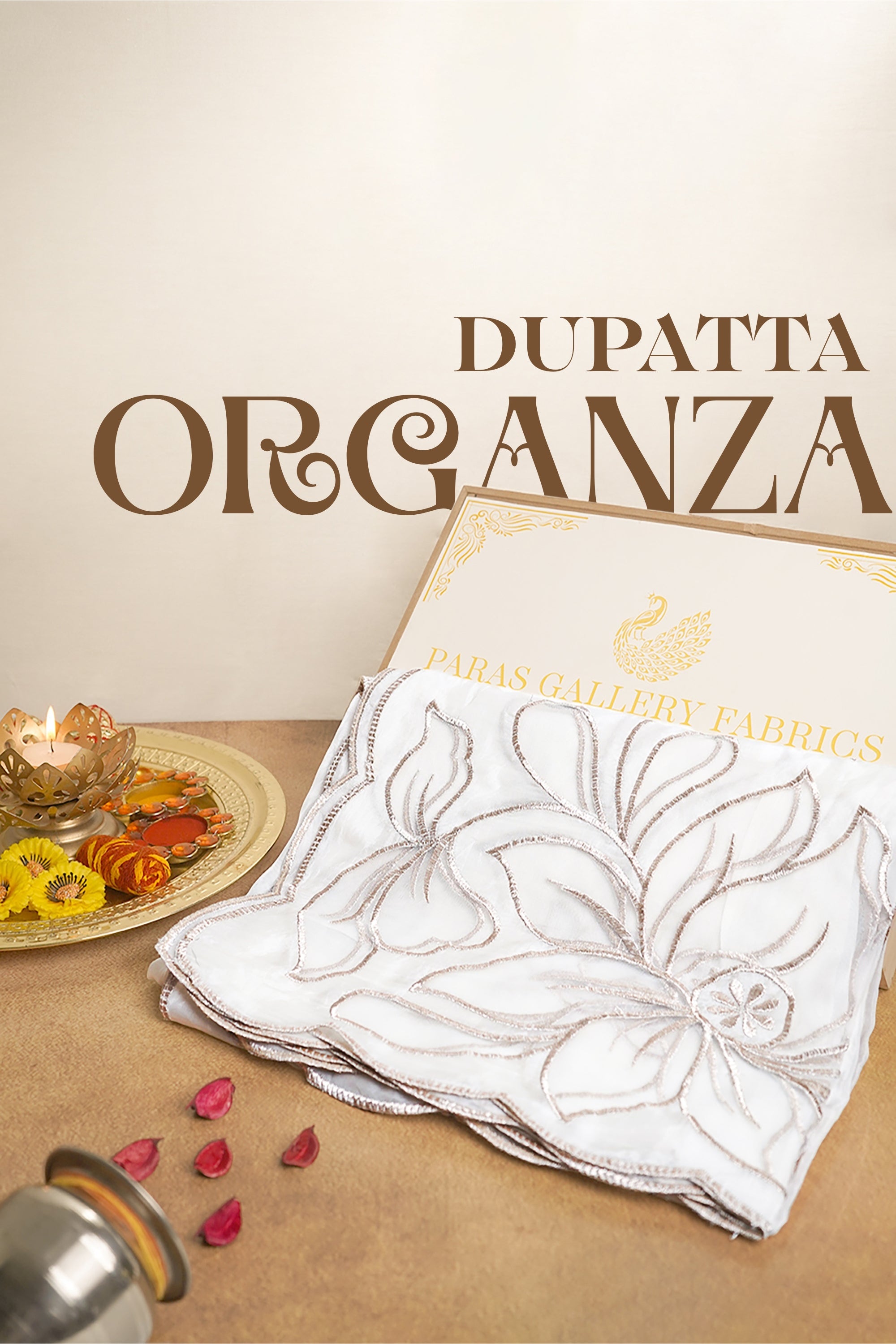 White Dyeable Organza Dupatta With All Over Zari And Net Cut Work 22776
