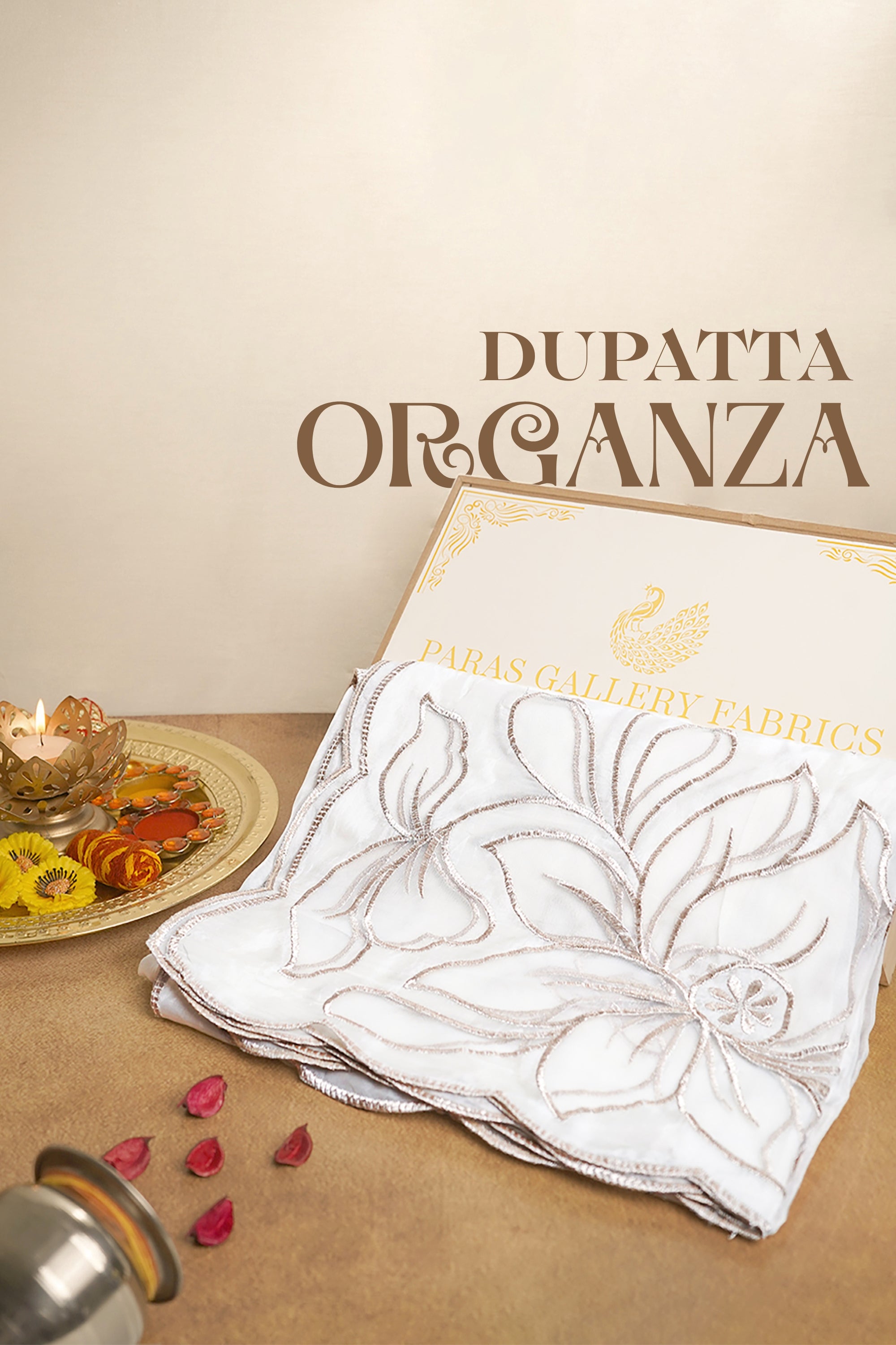 White Dyeable Organza Dupatta With All Over Zari And Net Cut Work 22776