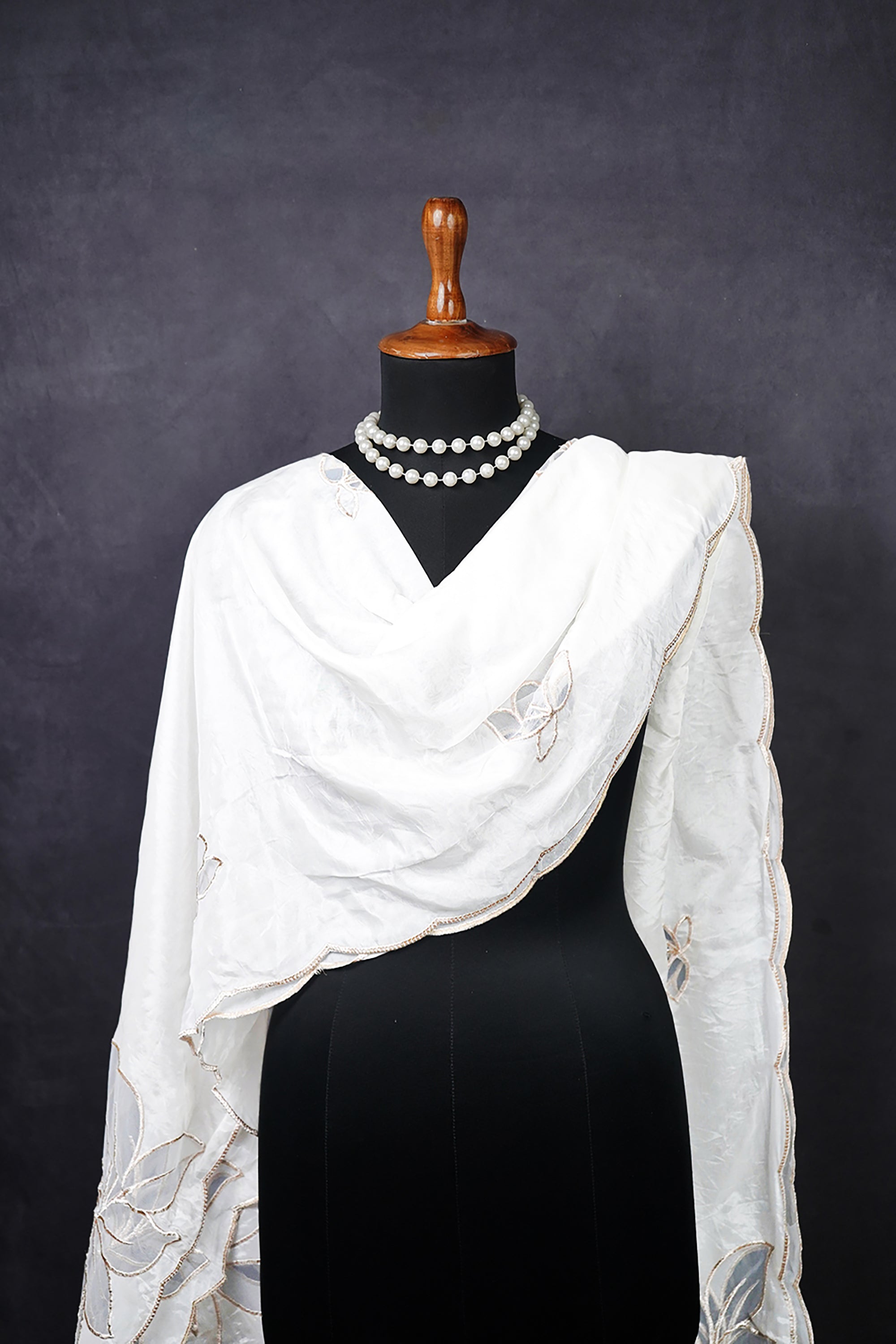 White Dyeable Organza Dupatta With All Over Zari And Net Cut Work 22776