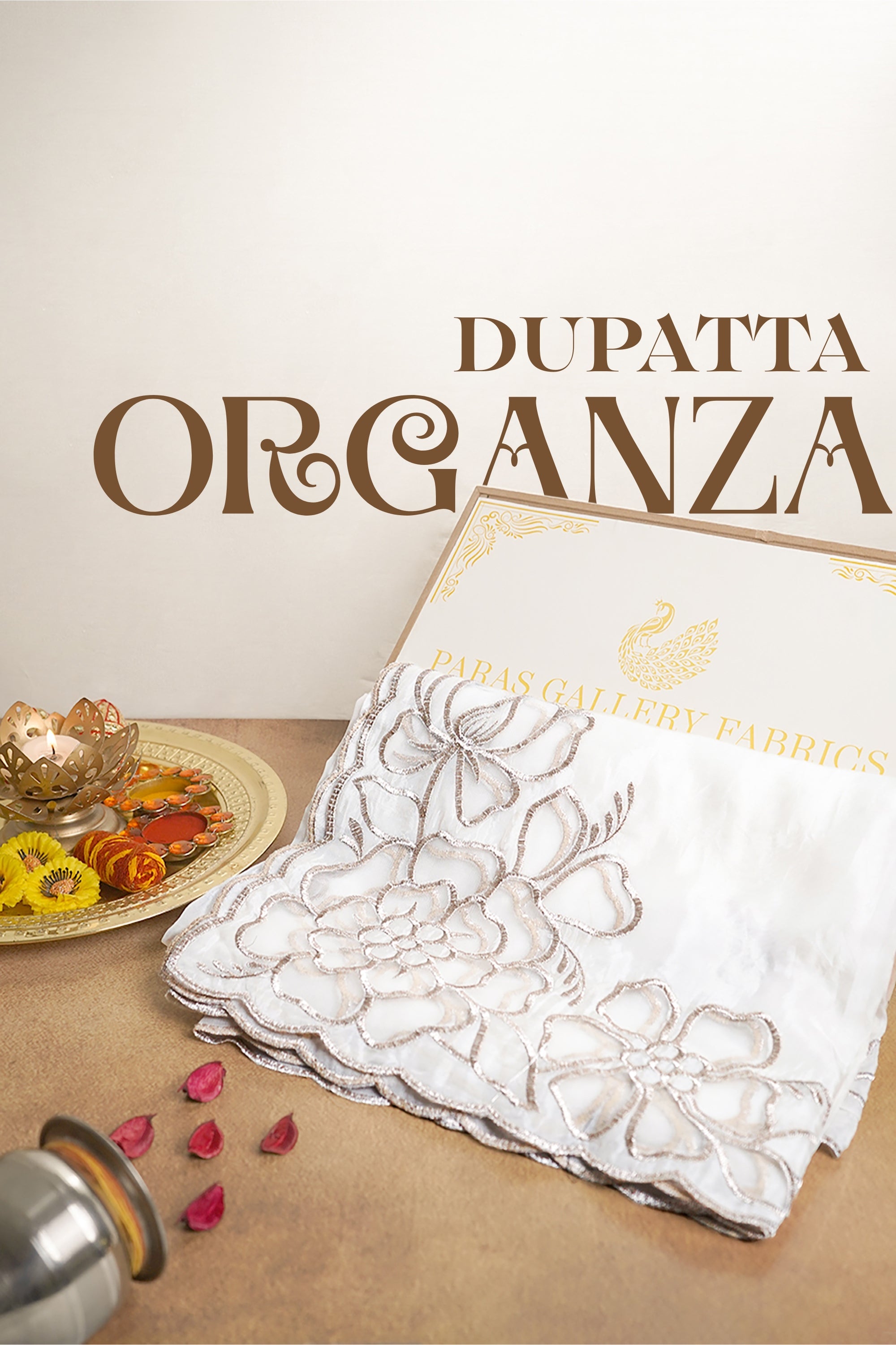 White Dyeable Organza Dupatta With All Over Zari And Net Cut Work 22777