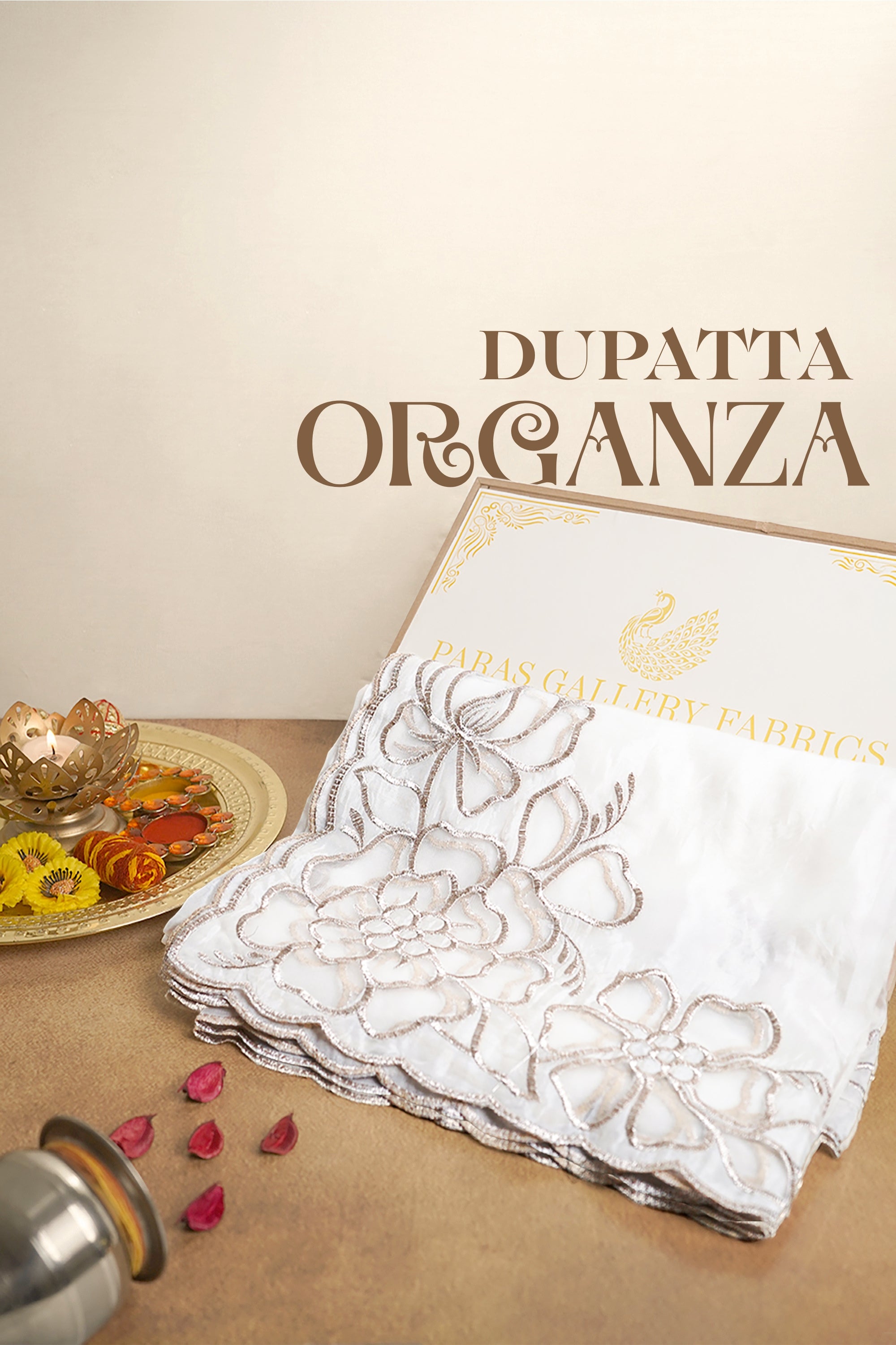 White Dyeable Organza Dupatta With All Over Zari And Net Cut Work 22777