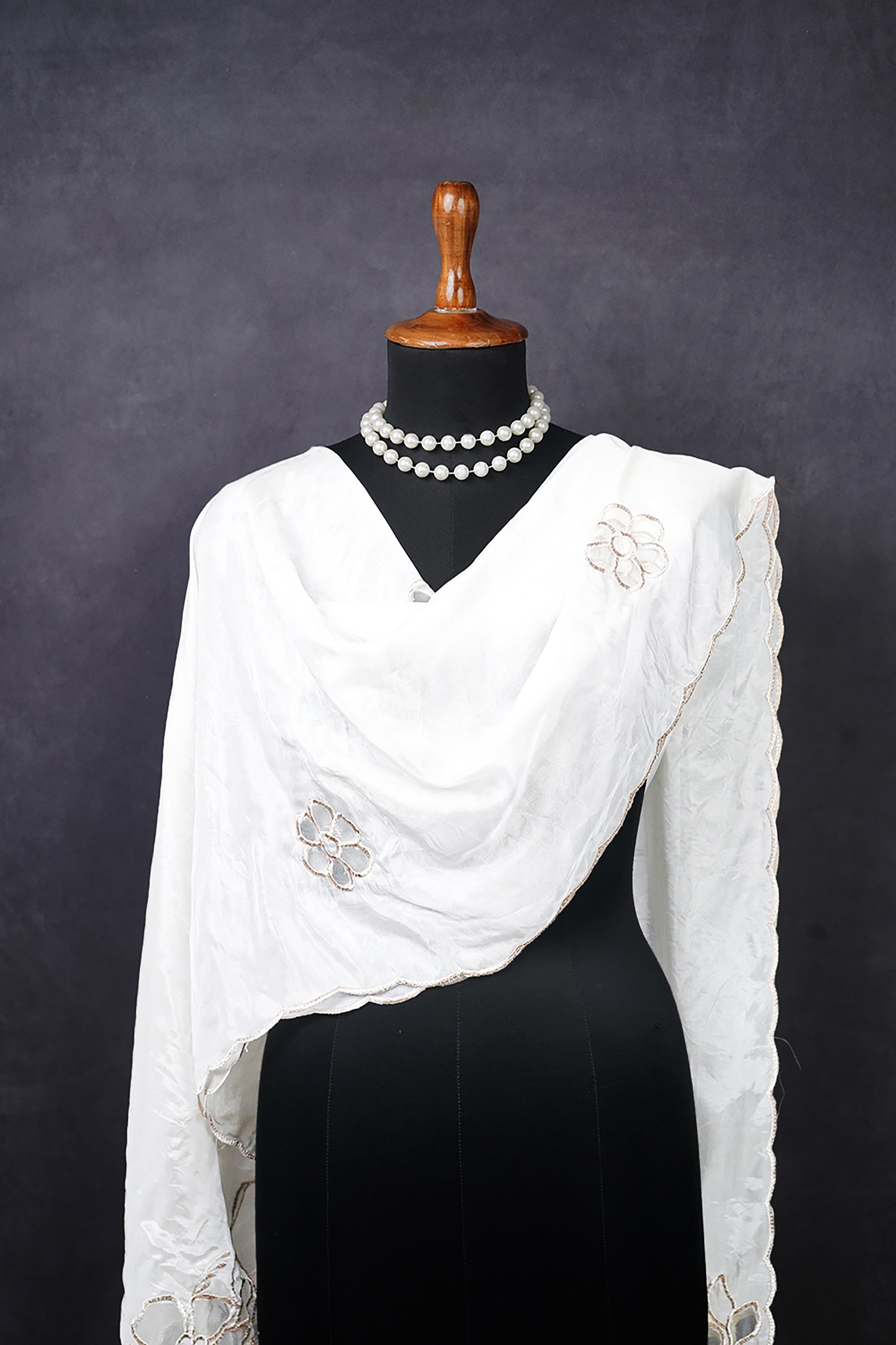 White Dyeable Organza Dupatta With All Over Zari And Net Cut Work 22777