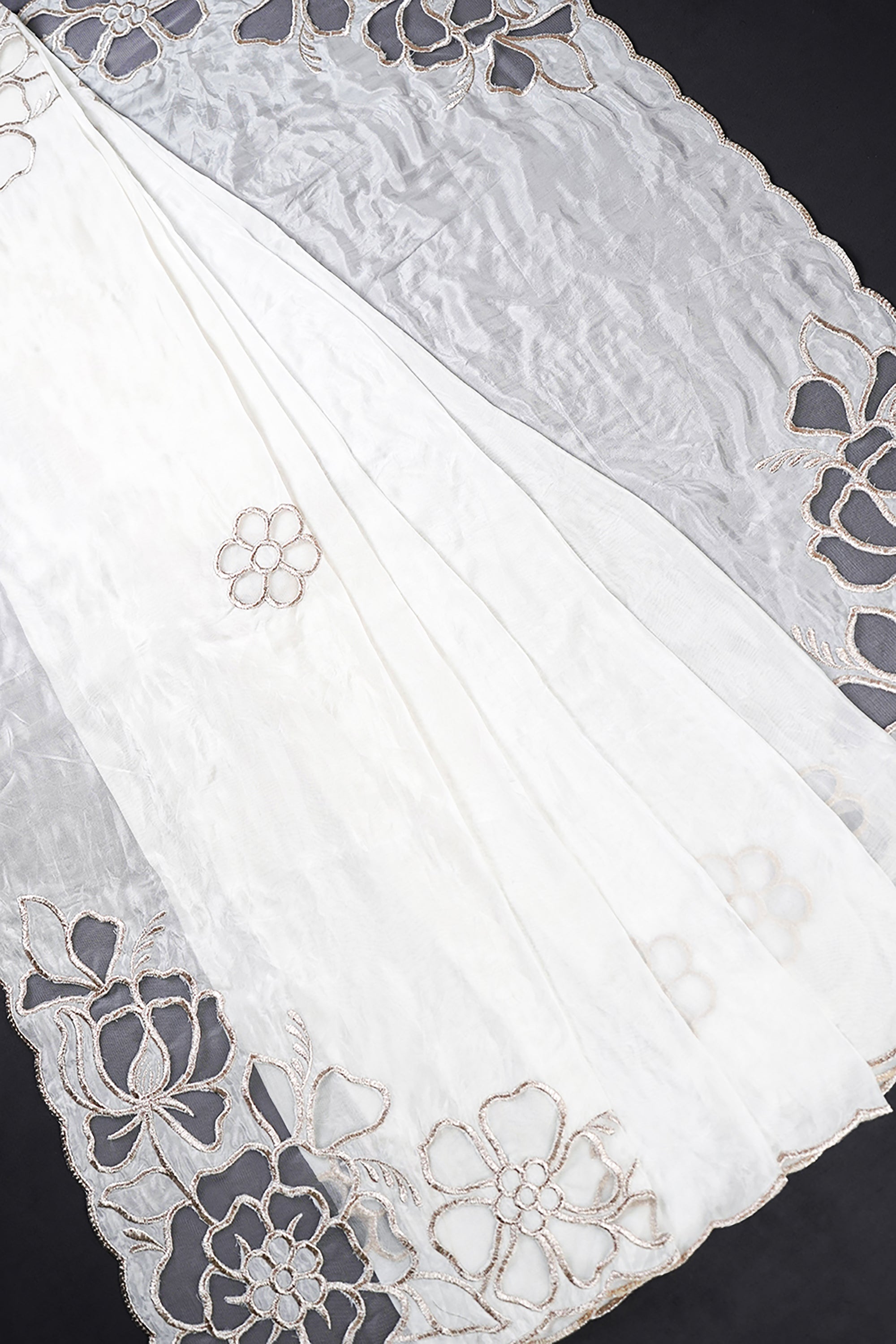 White Dyeable Organza Dupatta With All Over Zari And Net Cut Work 22777