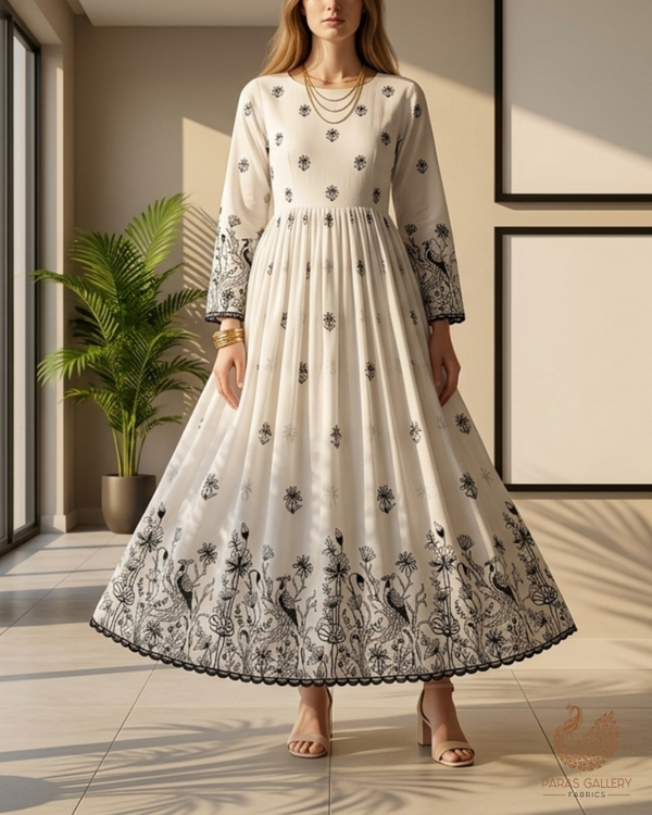 White Dyeable Cambric Cotton Fabric With All Over Buti Of Black Thread Work And Scalloped Border 22779