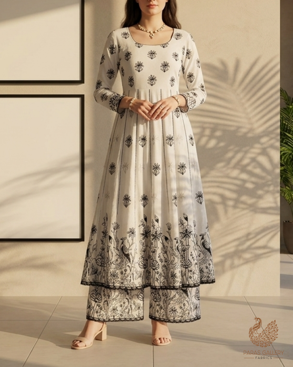 White Dyeable Cambric Cotton Fabric With All Over Buti Of Black Thread Work And Scalloped Border 22779