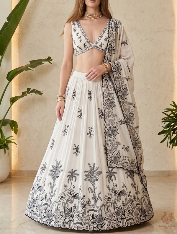 White Dyeable Cambric Cotton Fabric With All Over Black Thread Work And Scalloped Border 22780