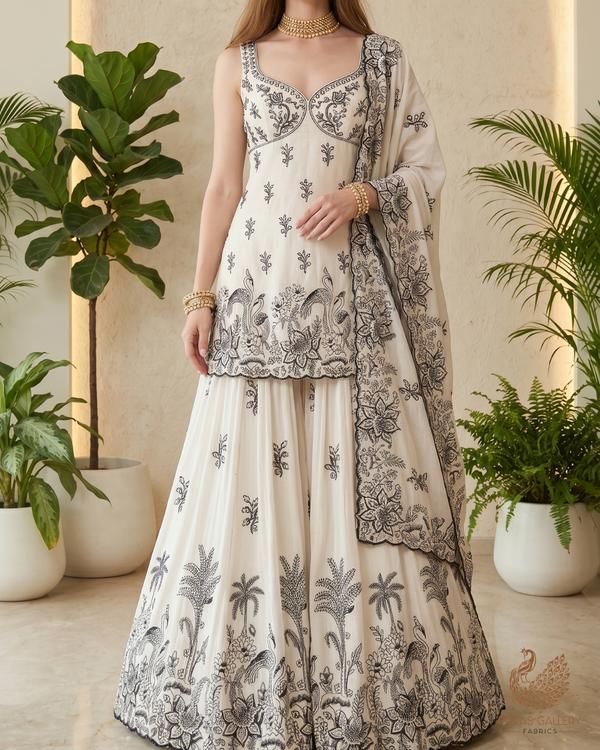 White Dyeable Cambric Cotton Fabric With All Over Black Thread Work And Scalloped Border 22780