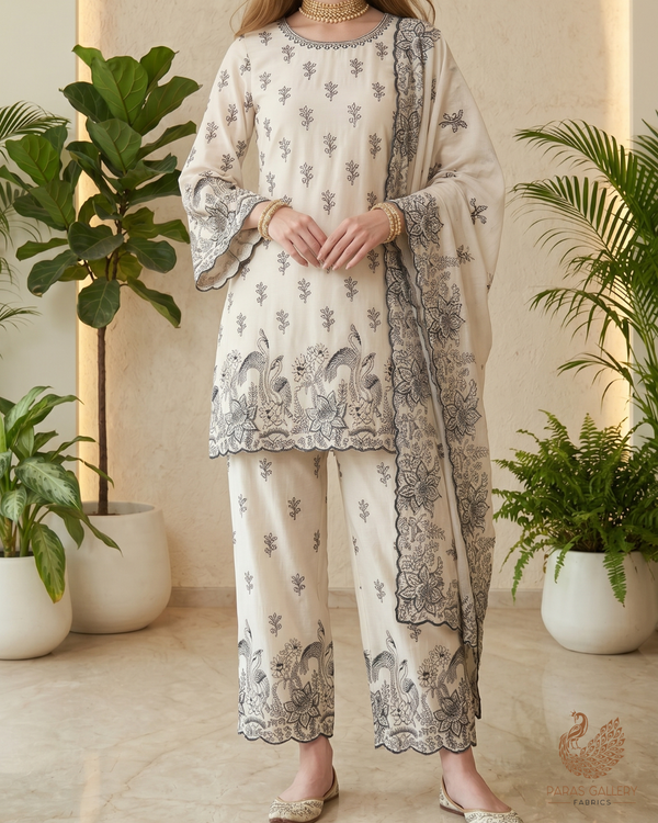 White Dyeable Cambric Cotton Fabric With All Over Black Thread Work And Scalloped Border 22780