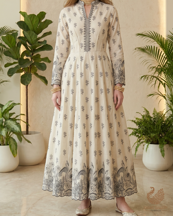 White Dyeable Cambric Cotton Fabric With All Over Black Thread Work And Scalloped Border 22780