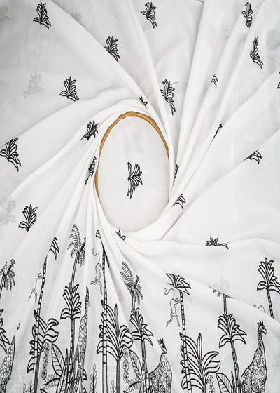 White Dyeable Cambric Cotton Fabric With All Over Buti Of Black Thread Work And Scalloped Border 22781