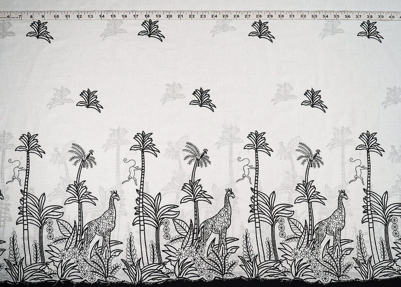 White Dyeable Cambric Cotton Fabric With All Over Buti Of Black Thread Work And Scalloped Border 22781