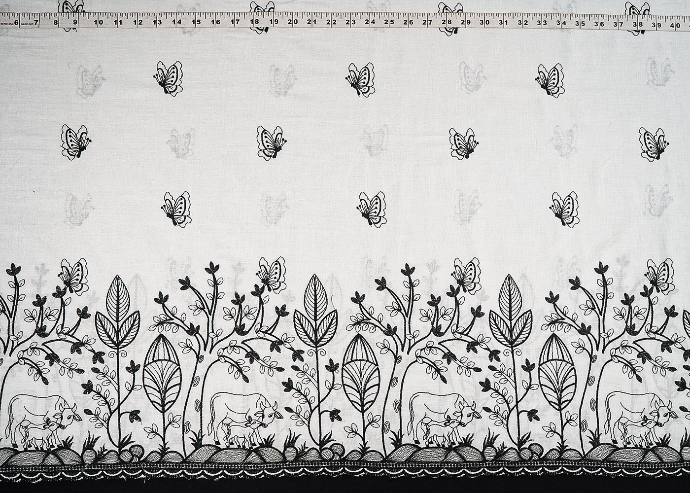 White Dyeable Cambric Cotton Fabric With All Over Butterfly Motif Of Black Thread Work And Scalloped Border 22782